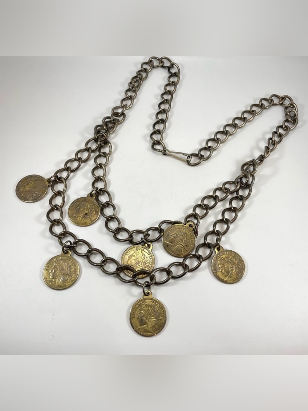 1980S-90S ROMAN STYLE FRENCH COIN CHAIN BELT Necklace Chunky Statement Vintage